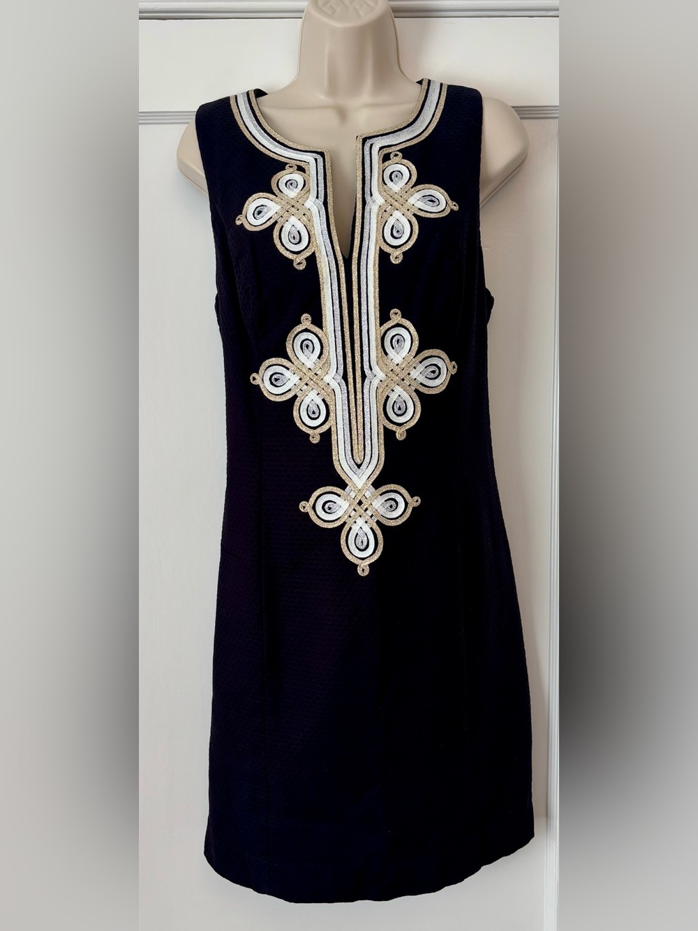 Lilly Pulitzer Mila Shift Dress in “Onyx” – Gold & White Embroidery